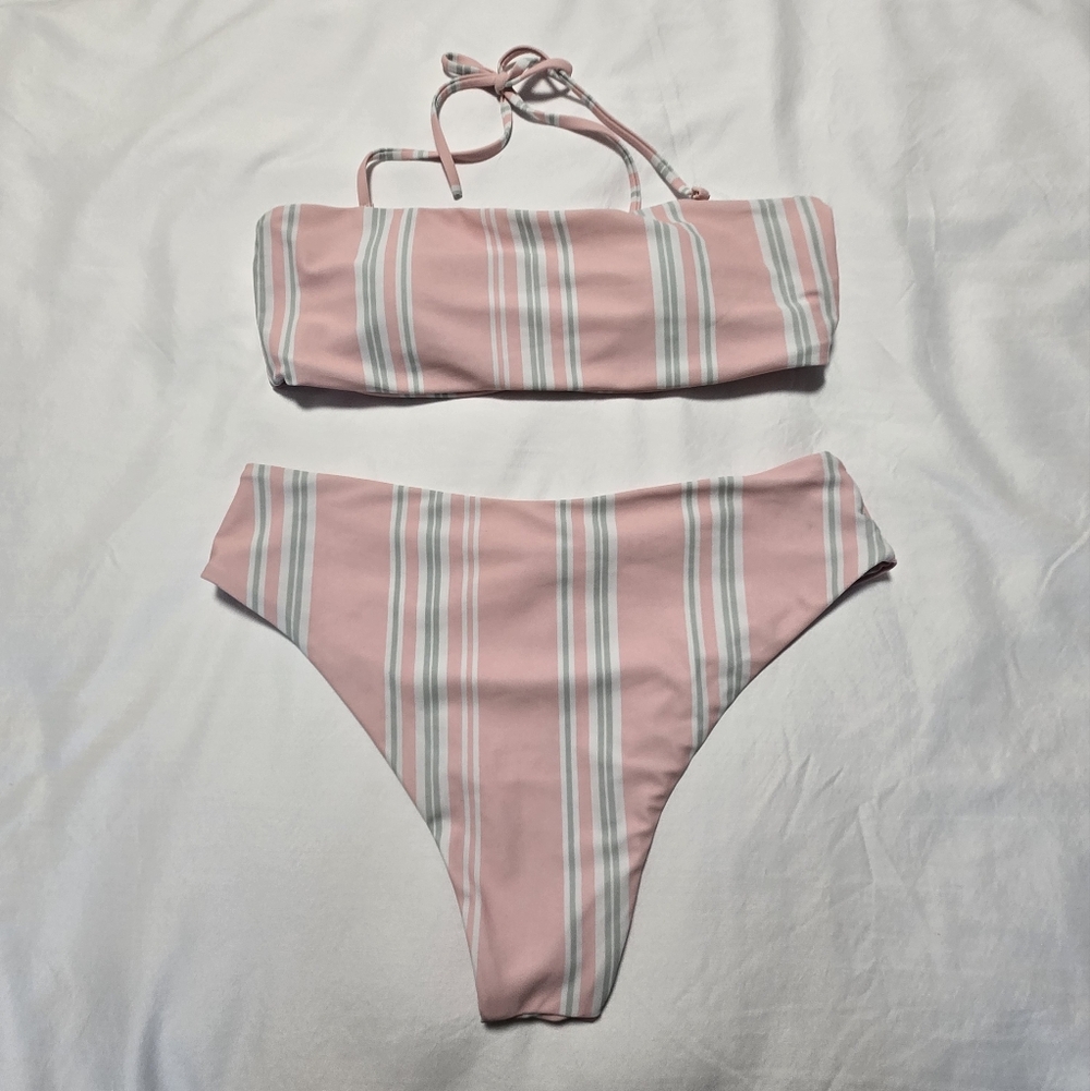 Zaful Pink 2 Piece Striped Halter / Strapless Convertible Bikini Set
